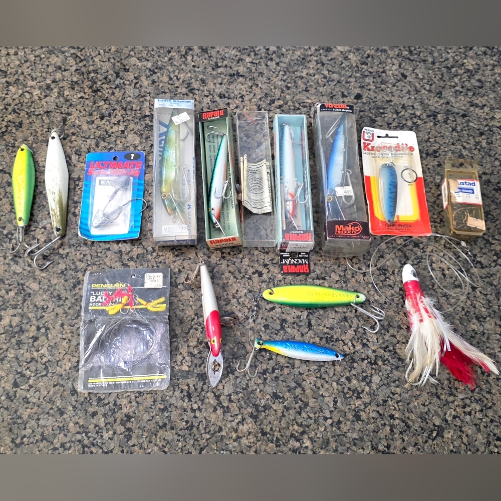 vintage saltwater Fishing Lake Tady, Rapala Magnum Tuna feather Lures and much m